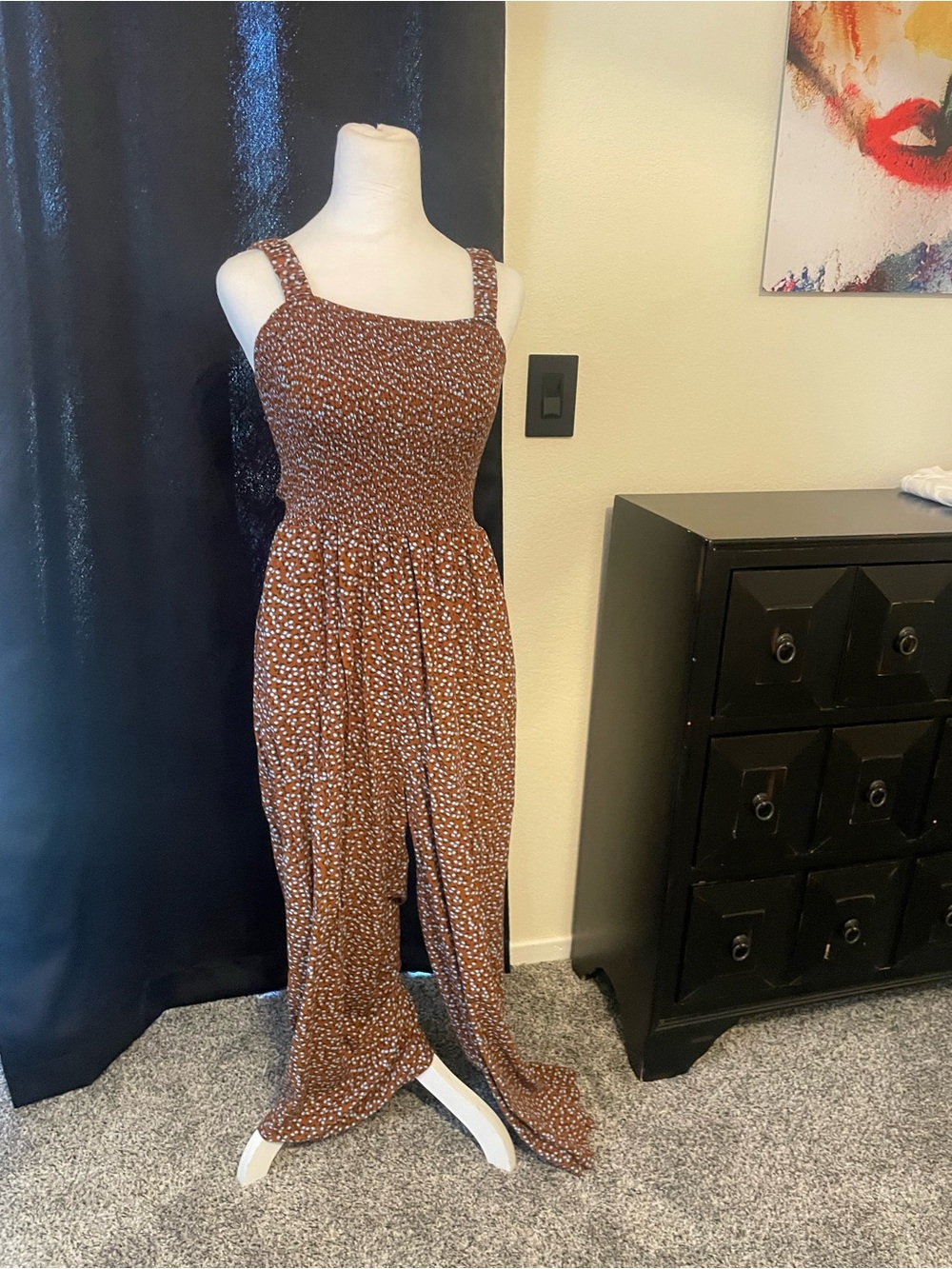 Smocked Square-Neck Brown Floral Jumpsuit